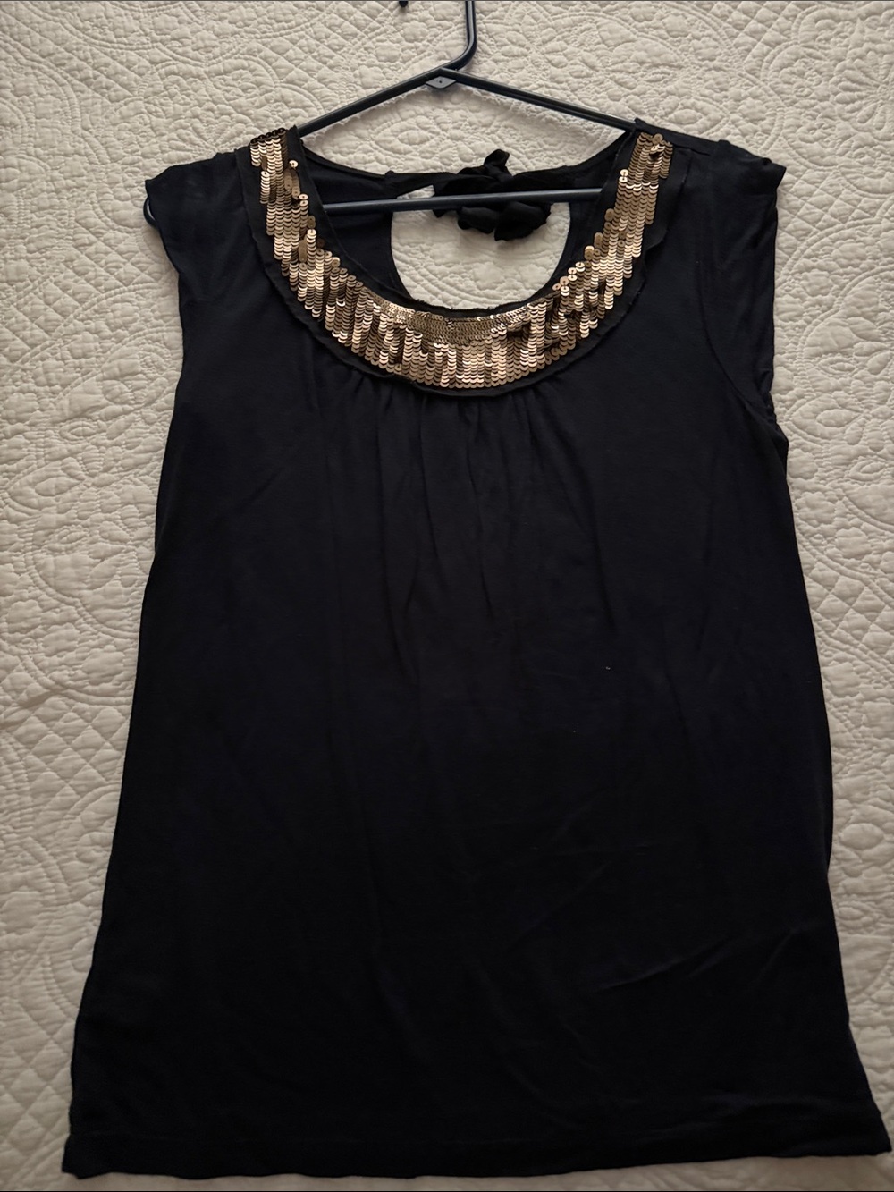 LOFT Black Sleeveless Tank with Gold Sequin Neckline